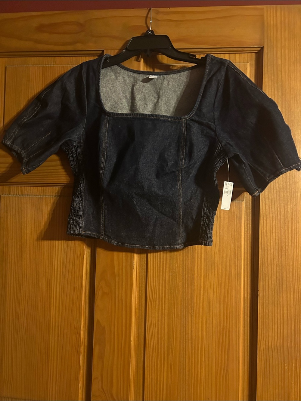 Old Navy Denim Square-Neck Crop Top - Dark Blue, Puff Sleeves